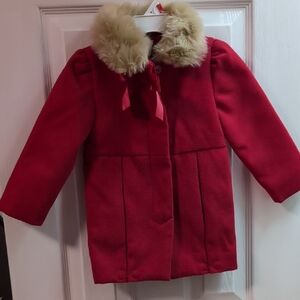 Janie and Jack Red Pea Coat with Faux Fur Collar